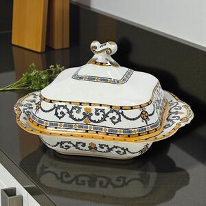 Ridgways “Classic” Gray & Mustard Scroll Covered Casserole Dish England RARE